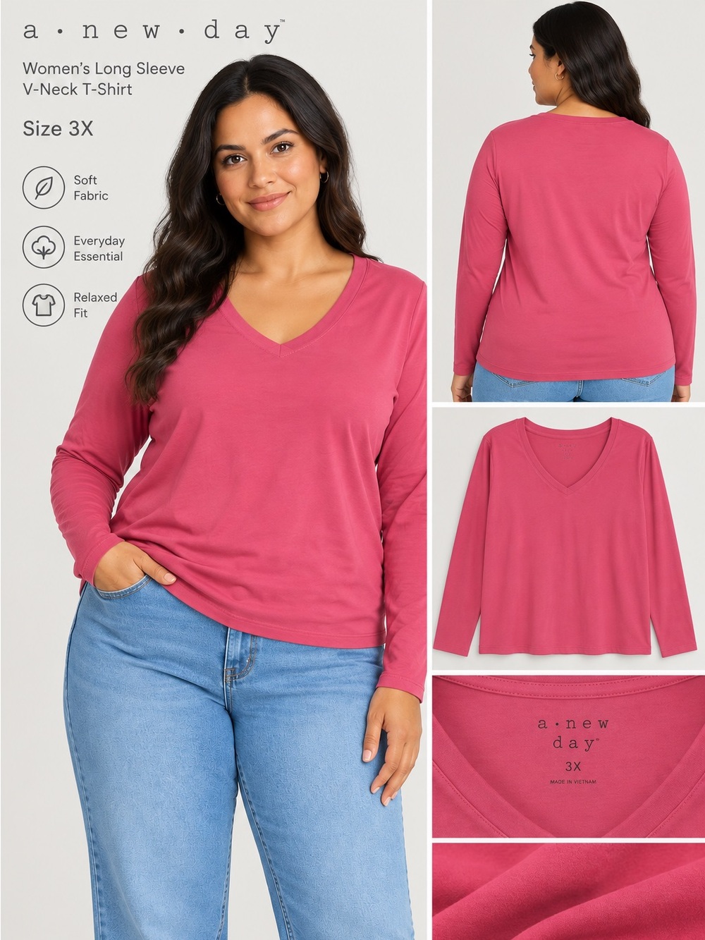 a new day Long Sleeve V-Neck Top in Rose Pink